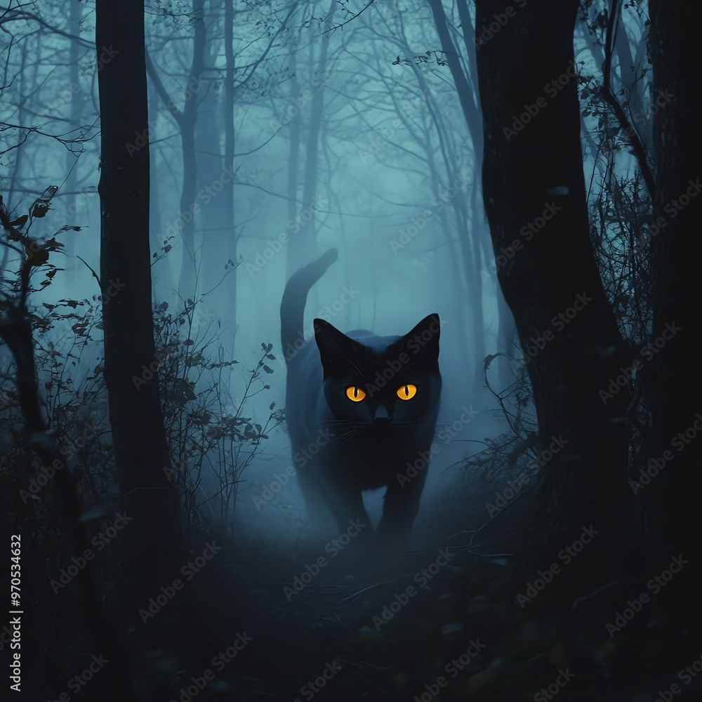 Mysterious black cat with glowing yellow eyes walking through a foggy ...