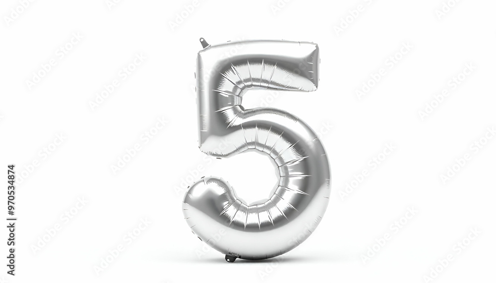 A large silver number 5 balloon, white background A large silver number 5 balloon, white background