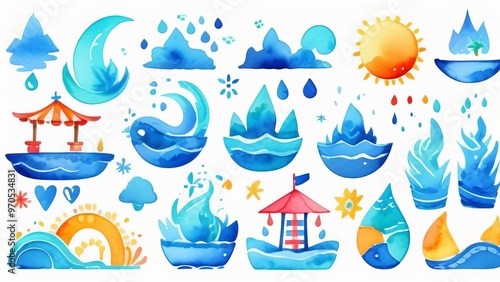 Colorful watercolor nautical and weather icons of seas and skies