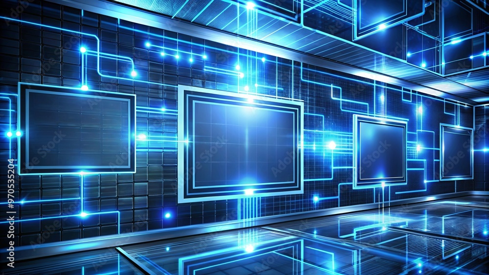 Modern tech background with digital screens and glowing lines Modern tech background with digital screens and glowing lines