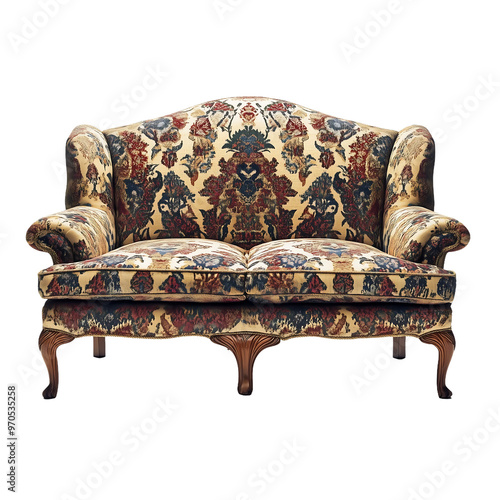 a vintage-inspired camelback sofa with a high back and rolled arms, covered in a patterned fabric, isolated on white background. photo