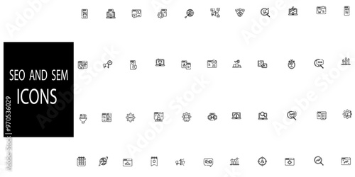 Seo and sem simple concept 44 icons set. icons such as market analysis, time, marketing, billboard, idea, marketing plan, pay per click vector thin icons for report, presentation.Vector illustration.