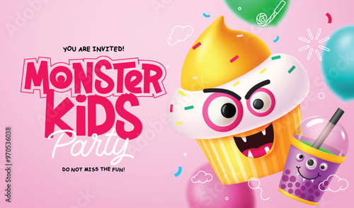 Monster party kids vector design. Birthday invitation card with naughty cup cake and happy juice characters elements in pink background. Vector illustration party greeting card design. 
