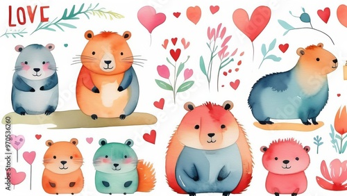 Wallpaper Mural Cute cartoon rodents with hearts and flowers for love theme Torontodigital.ca