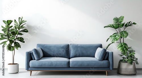 Light blue sofa against a light gray wall in a living room interior with decorative plants and side tables, a minimalist home decor concept.