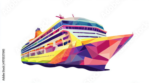 A simple, colorful drawing of a cruise ship, perfect for representing vacations and travel.low poly vector illustration.