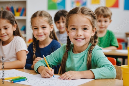 happy child, drawing and coloring with classmates in kindergarten for fun activity in classroom