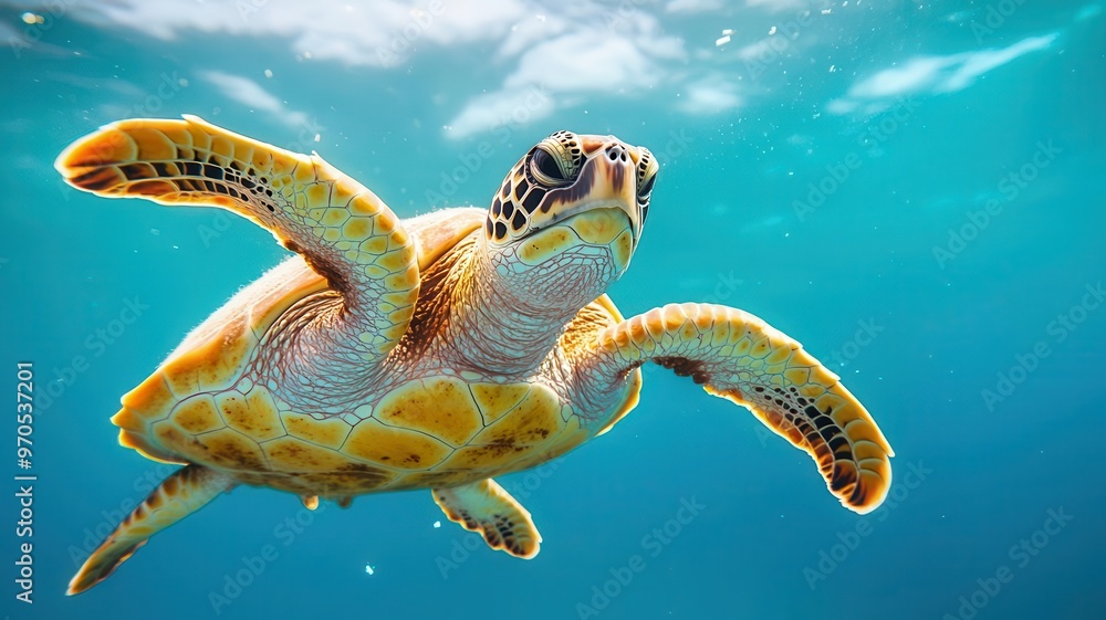 Obraz premium Sea turtle swimming through microplastic particles suspended in water, Microplastics, marine pollution, wildlife impact