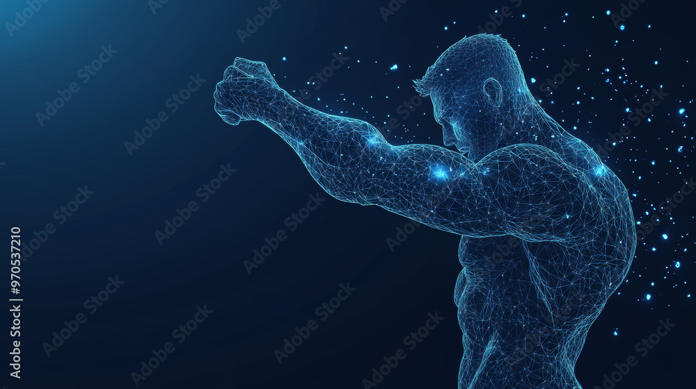 A simple design showing a strong bodybuilder, made with lines and dots. The design highlights the muscles in the arm, with a focus on the bicep.low poly vector illustration. A simple design showing a strong bodybuilder, made with lines and dots. The design highlights the muscles in the arm, with a focus on the bicep.low poly vector illustration.