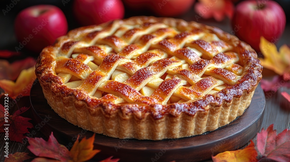 Delicious freshly baked apple pie surrounded by apples and autumn leaves Delicious freshly baked apple pie surrounded by apples and autumn leaves