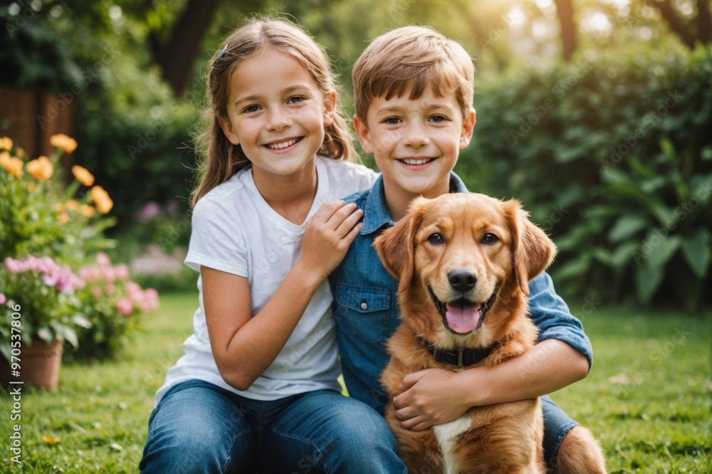 family, portrait and dog in garden with smile or relax together, home with love and care family, portrait and dog in garden with smile or relax together, home with love and care