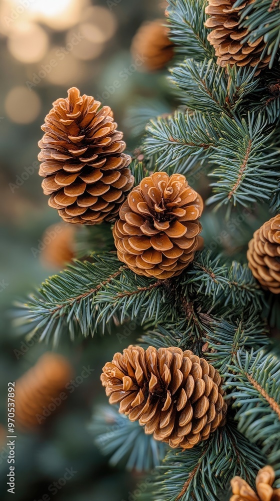 Pine cones hanging from a pine tree branch Pine cones hanging from a pine tree branch
