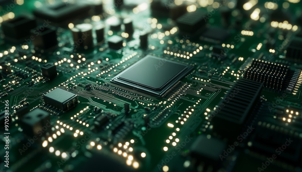 Close up of a green circuit board highlighting intricate details of modern technology and innovation Close up of a green circuit board highlighting intricate details of modern technology and innovation