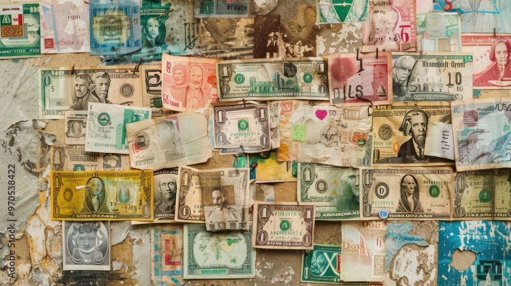 © Tasnim - A collage of vintage world currency notes attached to a textured wall, showcasing a diverse collection of international paper money with historical significance.