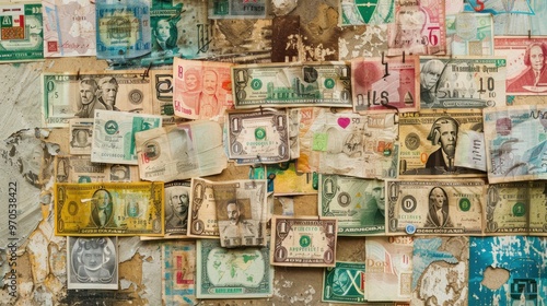 A collage of vintage world currency notes attached to a textured wall, showcasing a diverse collection of international paper money with historical significance.