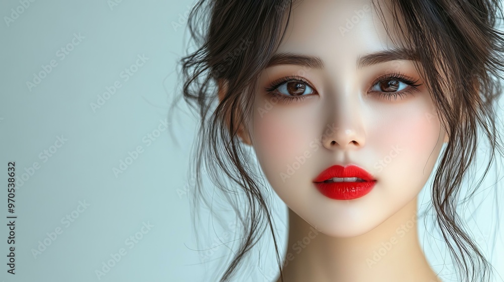 빨간 입술과 메이크업을 한 여성의 클로즈업 초상화 빨간 입술과 메이크업을 한 여성의 클로즈업 초상화