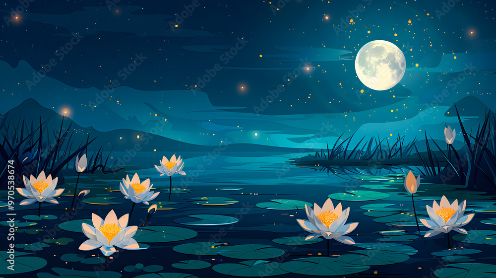Waterlily and moon in starry night illustration Waterlily and moon in starry night illustration