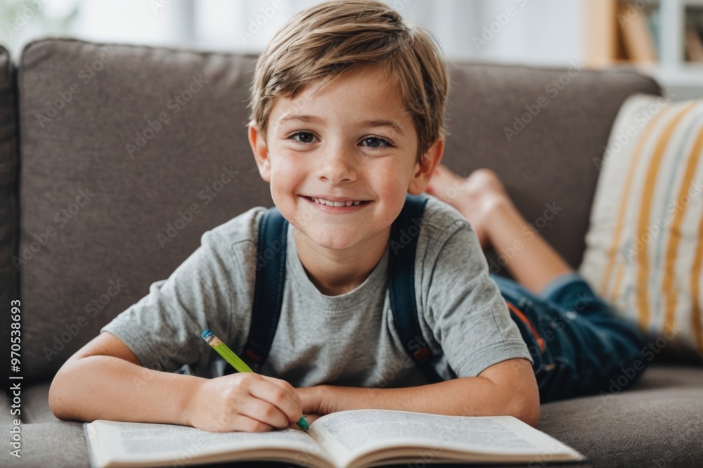 child on sofa with book, learning in home child on sofa with book, learning in home