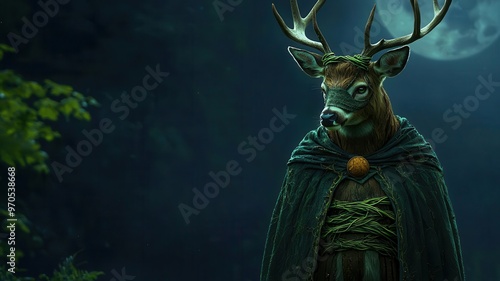 A mystical deer with antlers wrapped in vines and wearing a witch s cape, standing in a moonlit clearing, deer witch costume, nature magic photo