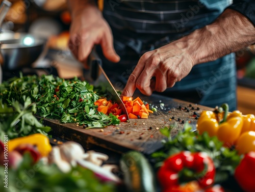 Man preparing a meal by cutting fresh vegetables on a wooden board, surrounded by colorful produce, showcasing healthy cooking and organic ingredients in a home kitchen