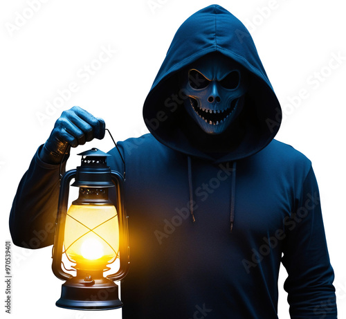 Mysterious Hooded Figure Holding Lantern – Spooky Halloween Themed Image on Transparent Background