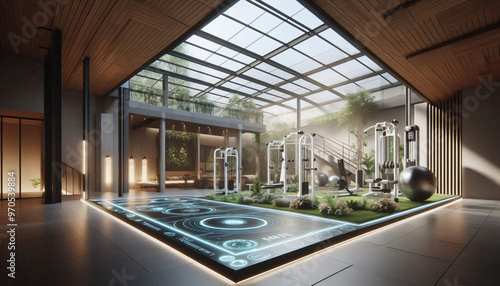 Fototapeta Naklejka Na Ścianę i Meble -  futuristic home gym with green space