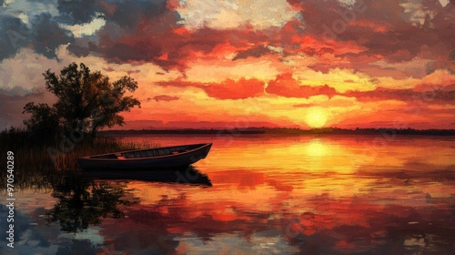 artwork of a sunset reflecting off a calm lake.