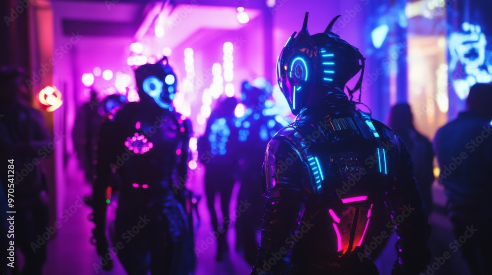Neon-lit Figure in a Crowd at a Night Event Neon-lit Figure in a Crowd at a Night Event