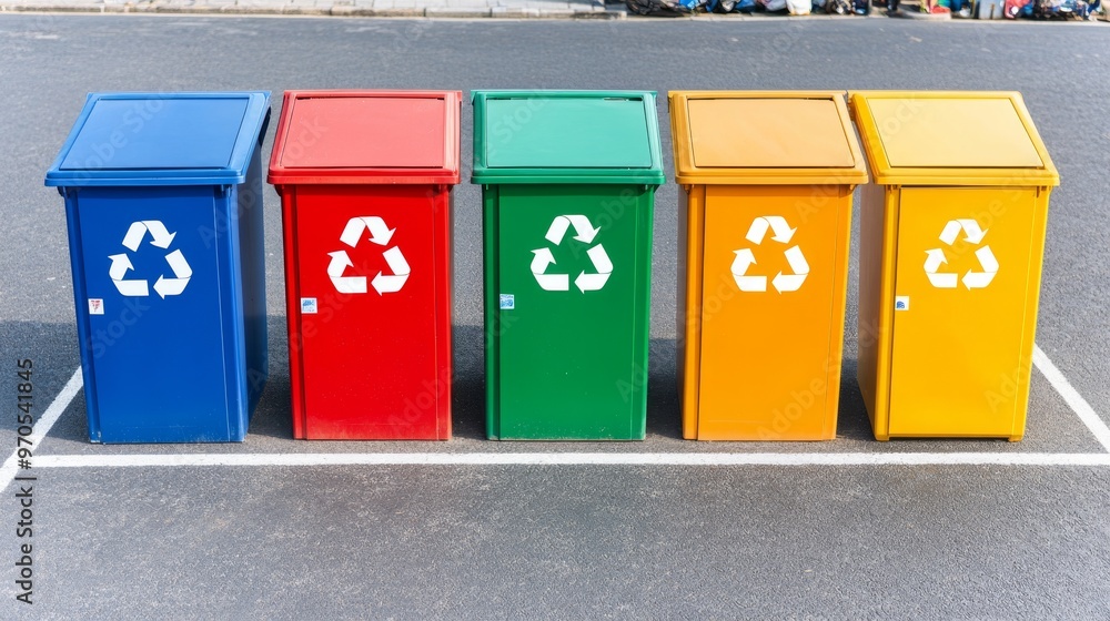 Obraz premium Cinco contenedores de reciclaje de colores alineados en una zona urbana, promoviendo la separación adecuada de residuos.