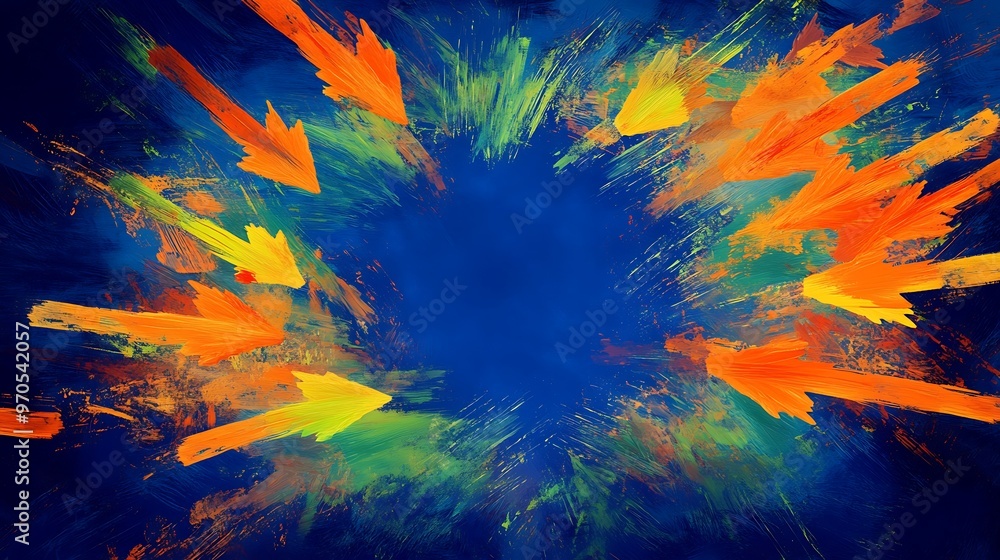 Abstract Artwork with Vivid Yellow, Orange, and Green Brushstrokes on a Dark Blue Background Abstract Artwork with Vivid Yellow, Orange, and Green Brushstrokes on a Dark Blue Background