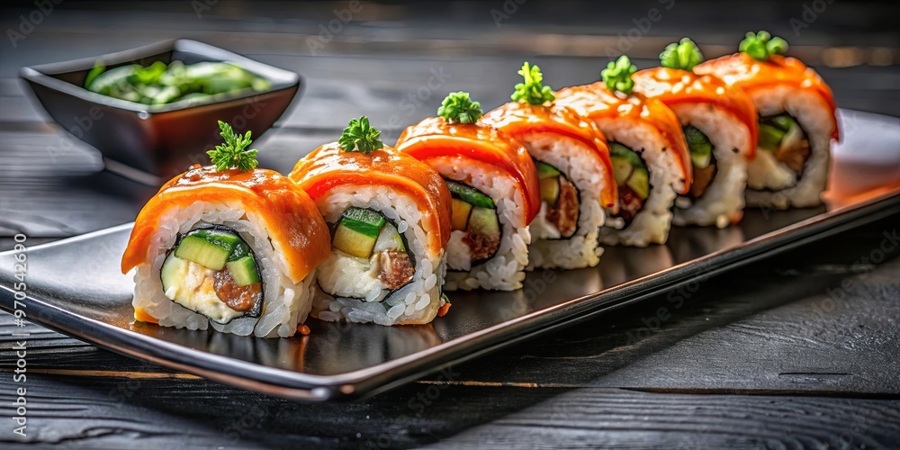 Delicious sushi rolls served on a sleek black plate in a Japanese restaurant Delicious sushi rolls served on a sleek black plate in a Japanese restaurant