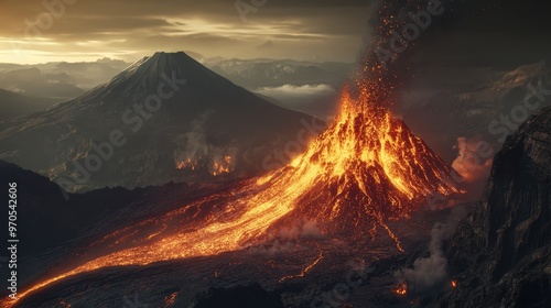 image of a volcanic eruption with the focus on the pyroclastic flow descending rapidly down the volcano's slopes.