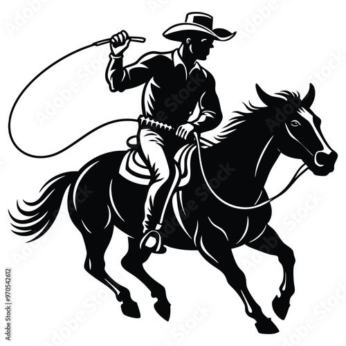 black and white cowboy silhouette, cowboy vector illustration, cowboy silhouette, horse silhouette isolated vector Illustration