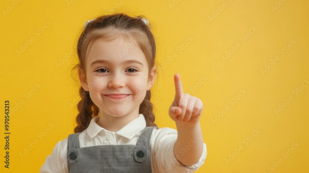 Happy child with braids pointing finger against yellow background Happy child with braids pointing finger against yellow background