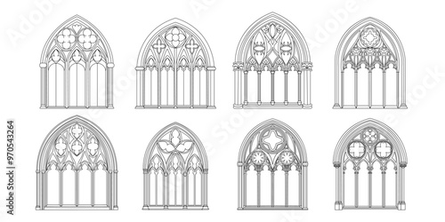 Gothic windows outline. Black linear drawing of classic architectural decorative frame isolated on white.