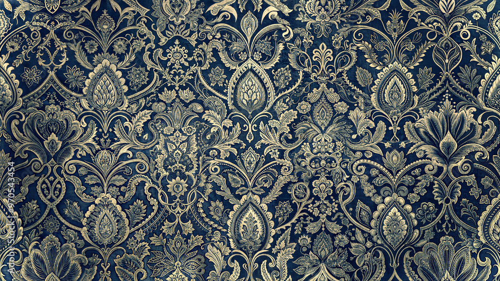 Elegant floral damask pattern with gold accents on dark blue background, seamless design Elegant floral damask pattern with gold accents on dark blue background, seamless design