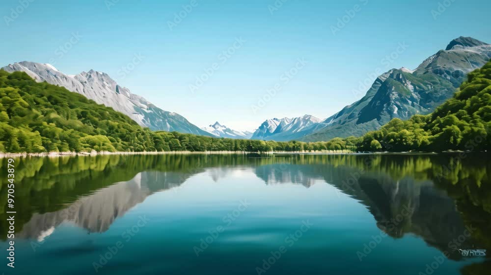 A calm lake reflects the clear blue sky and surrounding mountains, creating a serene landscape, A peaceful lake reflecting a clear blue sky A calm lake reflects the clear blue sky and surrounding mountains, creating a serene landscape, A peaceful lake reflecting a clear blue sky