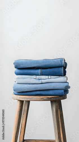 Folded Stack of Men's Denim Jeans on Wooden Stool with White Backdrop