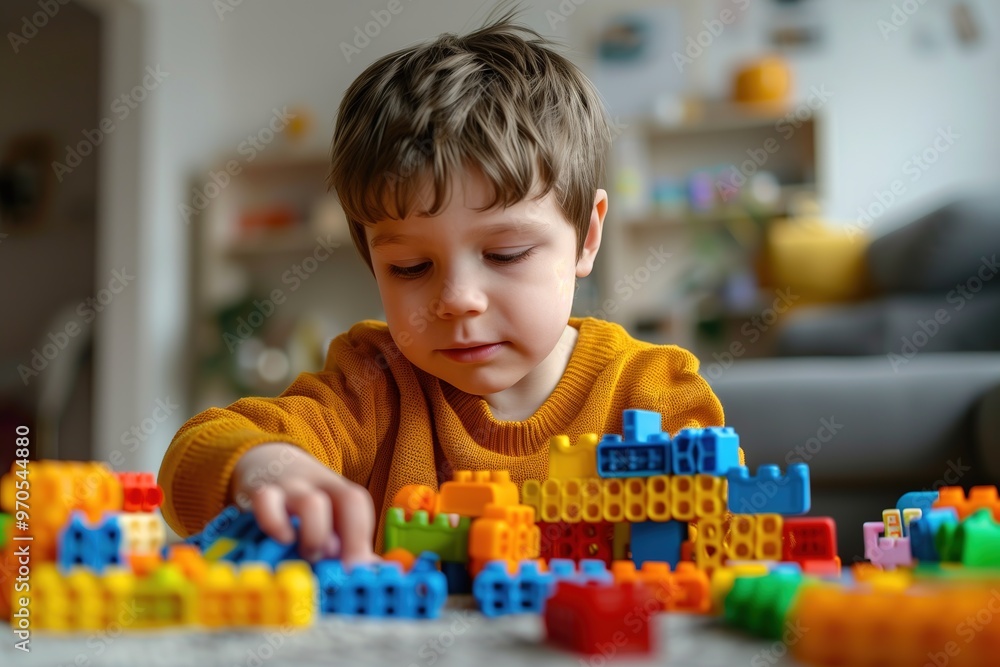 Portrait of a child with autism playing with colorful building blocks, deeply focused and happy Portrait of a child with autism playing with colorful building blocks, deeply focused and happy