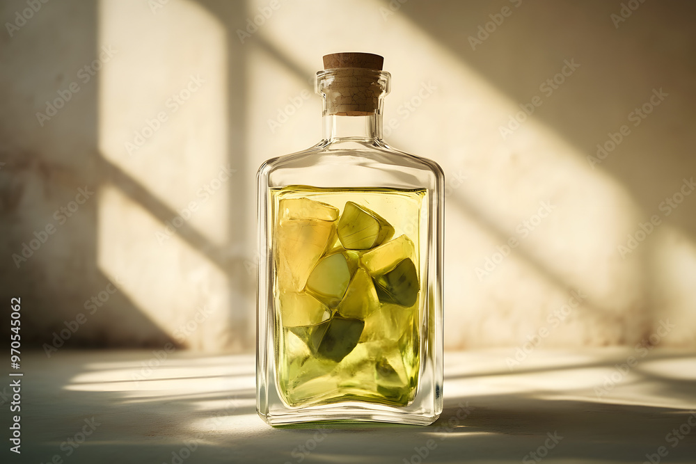 gin bottle, realistic, filled with liquor, square and round shape, very short neck, detailed design, glass bottle, beverage, product design, alcohol, high-quality, clean lines, modern, clear liquid, p gin bottle, realistic, filled with liquor, square and round shape, very short neck, detailed design, glass bottle, beverage, product design, alcohol, high-quality, clean lines, modern, clear liquid, p