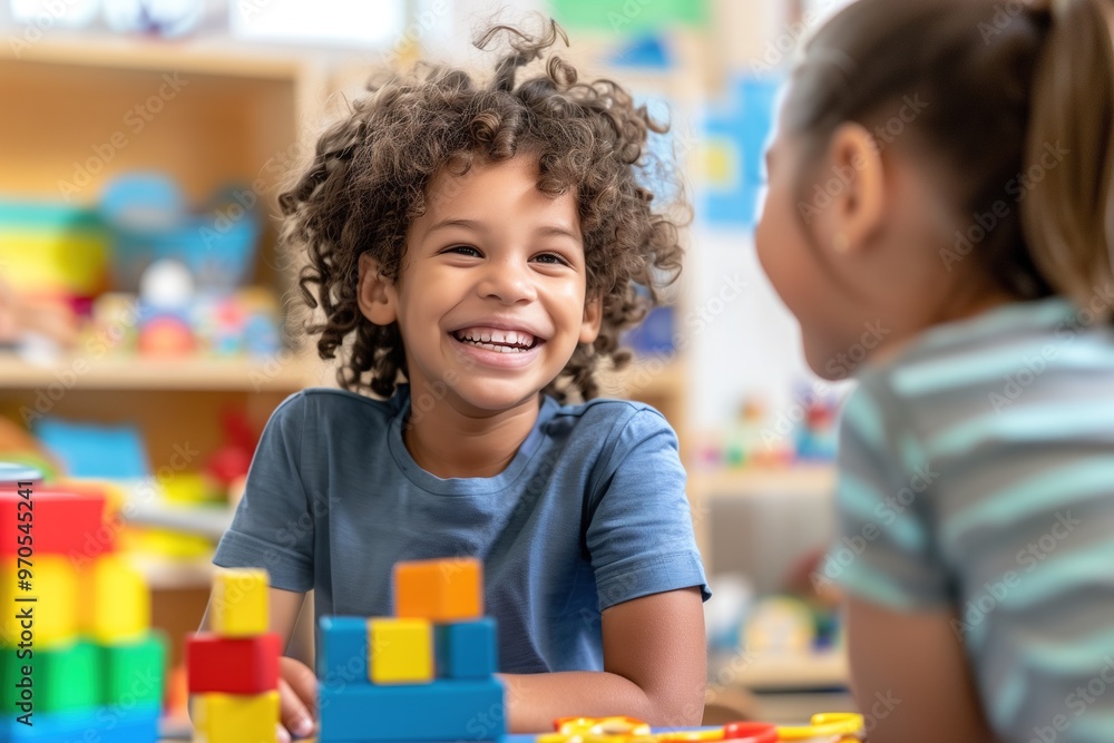 Portrait of a child with autism working with a therapist during a session, both smiling and interacting positively. The therapy room is welcoming and filled with educational tools. Portrait of a child with autism working with a therapist during a session, both smiling and interacting positively. The therapy room is welcoming and filled with educational tools.
