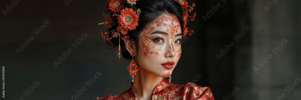 Chinese floral face fashion makeup portrait flower Chinese floral face fashion makeup portrait flower