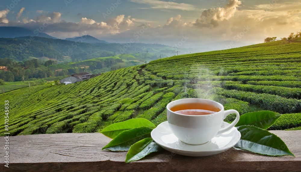 Farm-Fresh Tea: A Hot Cup on Wood with Rolling Tea Fields in Sight Farm-Fresh Tea: A Hot Cup on Wood with Rolling Tea Fields in Sight