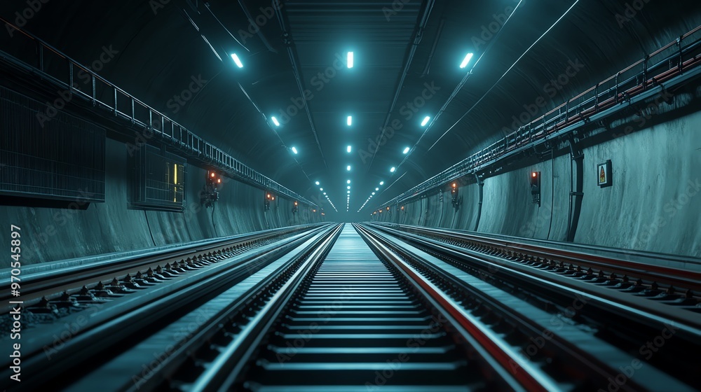 A deep urban tunnel with illuminated tracks, showcasing a modern and industrial atmosphere perfect for travel and transport themes. A deep urban tunnel with illuminated tracks, showcasing a modern and industrial atmosphere perfect for travel and transport themes.