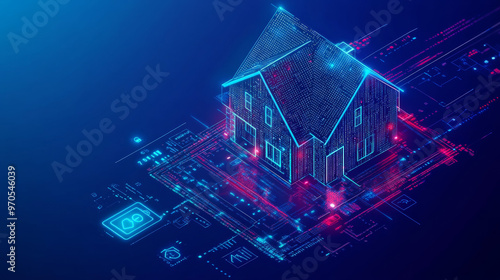 A smart home is shown as a building made of numbers, with icons for smart devices like lights and thermostats. This image shows how technology makes a house smarter and easier to control.