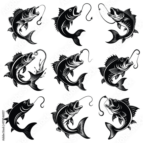 Bass Fishing Logo. Unique largemouth Bass Jumping out of the water. Great to use as your Bass fishing activity
