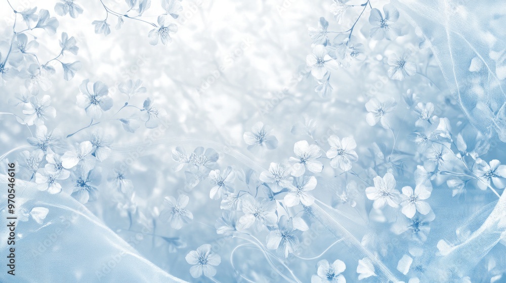 Beautiful swirling floral lines of tiny flowers, set on a soft white-light blue background, creating a graceful and intricate design Beautiful swirling floral lines of tiny flowers, set on a soft white-light blue background, creating a graceful and intricate design
