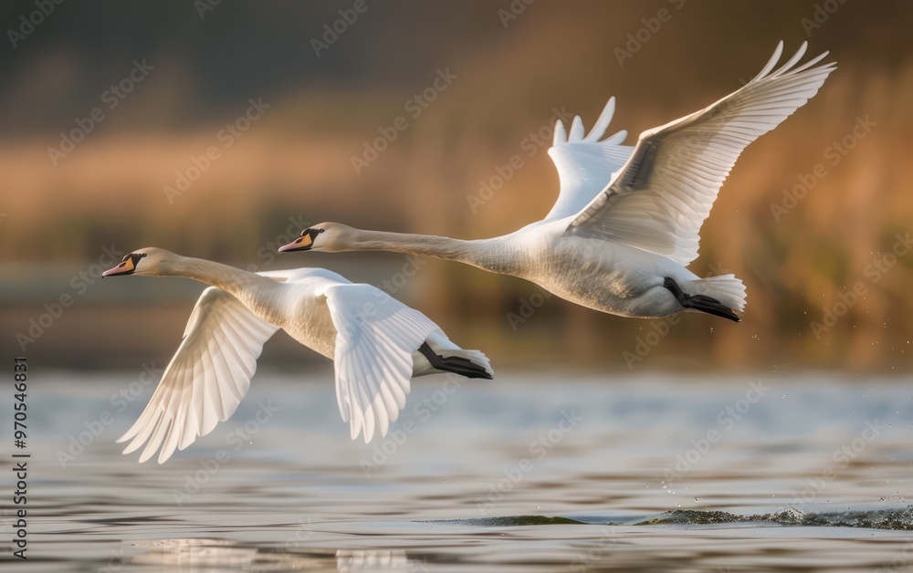 Two swans gracefully flying over a serene water surface during golden hour. Two swans gracefully flying over a serene water surface during golden hour.