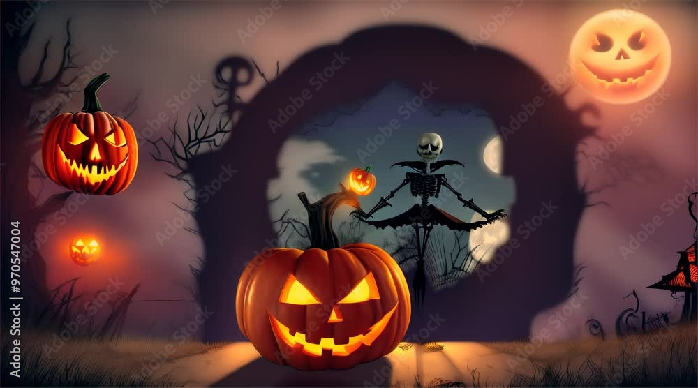 Happy Halloween party poster with orange and brown autumn background with full moon, witch, pumpkin, magic, spider web, flying bats, haunted castle and scary skeleton ghost. Happy Halloween party poster with orange and brown autumn background with full moon, witch, pumpkin, magic, spider web, flying bats, haunted castle and scary skeleton ghost.