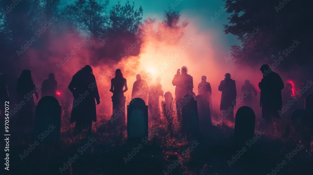 Silhouetted Figures Standing in a Foggy Graveyard Silhouetted Figures Standing in a Foggy Graveyard